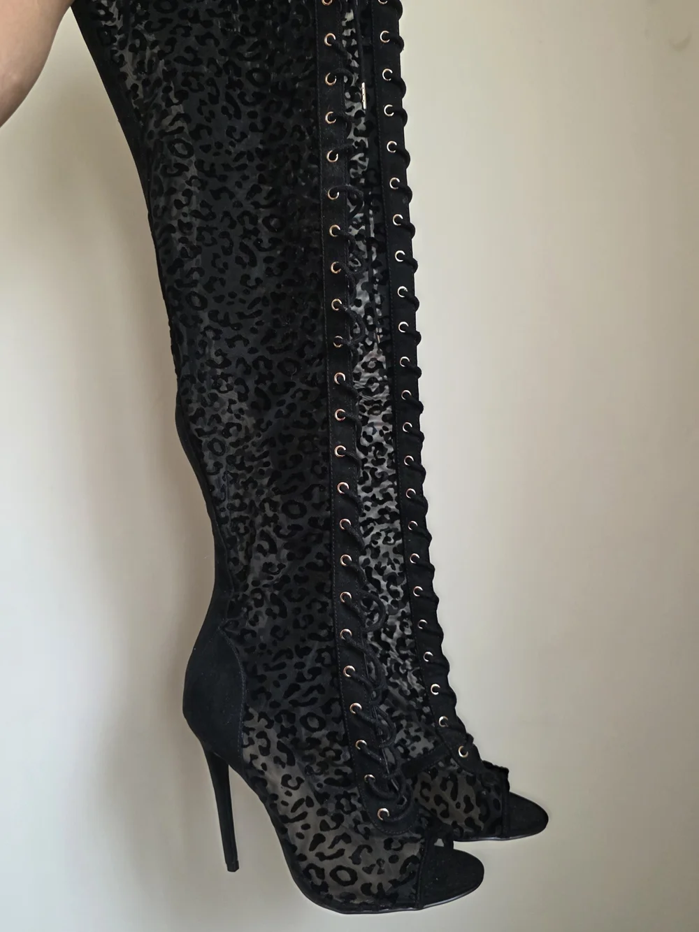 Black Over-the-Knee Lace-Up Stiletto Boots